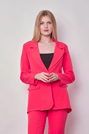 Kadın Yakalı Cep Kapaklı Uzun Kol Hafif Likralı Kumaş Oversize Blazer Ceket(Pantolonu Jument 40075)-Mercan