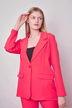 Kadın Yakalı Cep Kapaklı Uzun Kol Hafif Likralı Kumaş Oversize Blazer Ceket(Pantolonu Jument 40075)-Mercan