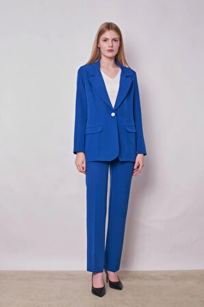 Kadın Yakalı Cep Kapaklı Uzun Kol Hafif Likralı Kumaş Oversize Blazer Ceket(Pantolonu Jument 40075)-Saks