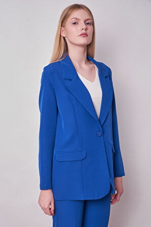 Kadın Yakalı Cep Kapaklı Uzun Kol Hafif Likralı Kumaş Oversize Blazer Ceket(Pantolonu Jument 40075)-Saks