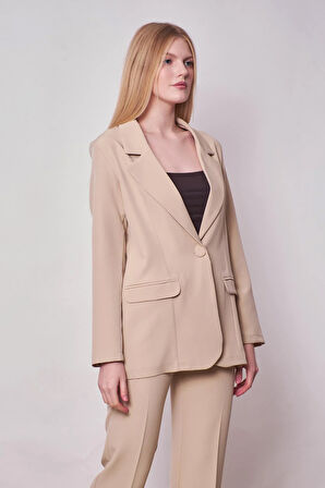 Kadın Yakalı Cep Kapaklı Uzun Kol Hafif Likralı Kumaş Oversize Blazer Ceket(Pantolonu Jument 40075)-Taş