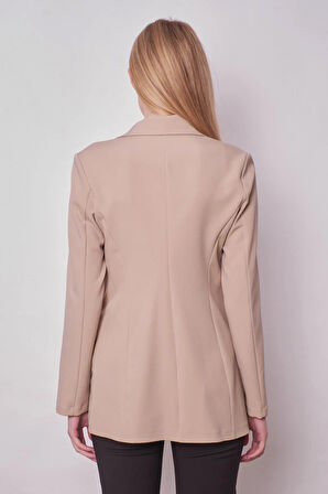 Kadın Düğme Detaylı Uzun Kol Şık Ofis Süs Cep Kapaklı Kumaş Blazer Ceket -Taş 