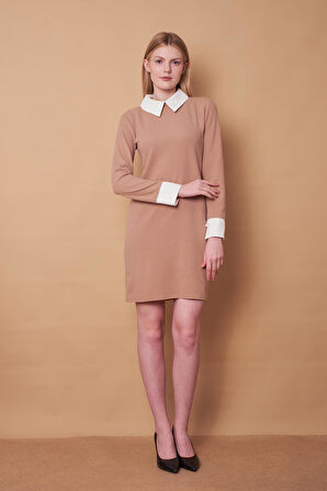 Kadın Şardonlu Garnili Yakalı Manşetli Uzun Kol Diz Üstü İnce Triko Elbise-Bej