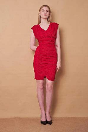 Kadın Likralı Simli V Yaka Düşük Omuzlu Drapeli Beli Önü Büzgülü Abiye Elbise-Kırmızı Simli