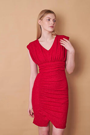 Kadın Likralı Simli V Yaka Düşük Omuzlu Drapeli Beli Önü Büzgülü Abiye Elbise-Kırmızı Simli