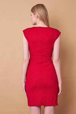 Kadın Likralı Simli V Yaka Düşük Omuzlu Drapeli Beli Önü Büzgülü Abiye Elbise-Kırmızı Simli