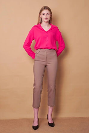 Kadın Yakalı Düşük Omuzlu Uzun Kol Likrasız Kumaş Gömlek-Fujya