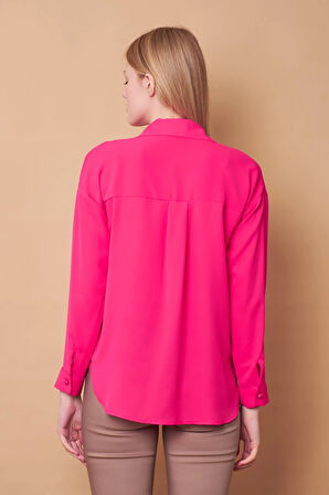 Kadın Yakalı Düşük Omuzlu Uzun Kol Likrasız Kumaş Gömlek-Fujya
