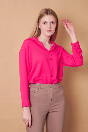 Kadın Yakalı Düşük Omuzlu Uzun Kol Likrasız Kumaş Gömlek-Fujya