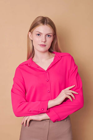 Kadın Yakalı Düşük Omuzlu Uzun Kol Likrasız Kumaş Gömlek-Fujya