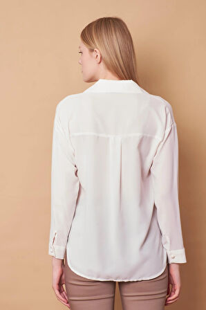 Kadın Yakalı Düşük Omuzlu Uzun Kol Likrasız Kumaş Gömlek-Krem