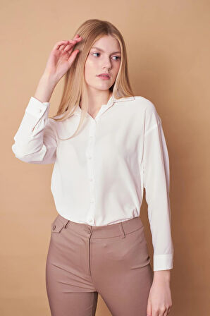 Kadın Yakalı Düşük Omuzlu Uzun Kol Likrasız Kumaş Gömlek-Krem