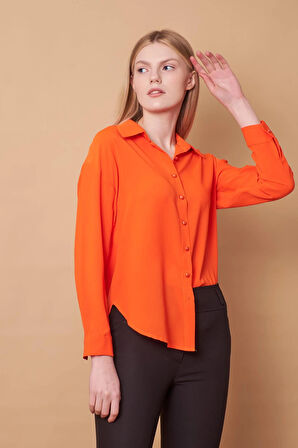 Kadın Yakalı Düşük Omuzlu Uzun Kol Likrasız Kumaş Gömlek-Oranj