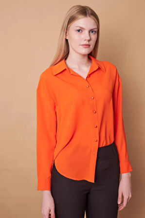 Kadın Yakalı Düşük Omuzlu Uzun Kol Likrasız Kumaş Gömlek-Oranj