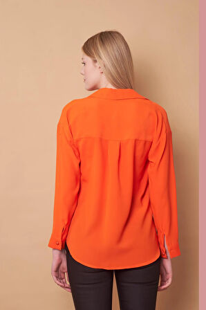 Kadın Yakalı Düşük Omuzlu Uzun Kol Likrasız Kumaş Gömlek-Oranj