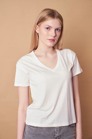 Kadın V Yaka Kısa Kol Likralı Kumaş Şık Bluz-Krem