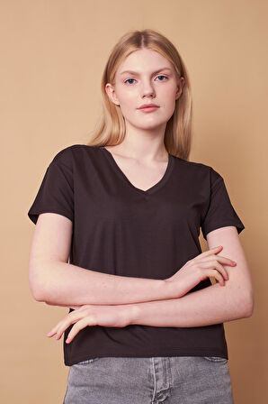 Kadın V Yaka Kısa Kol Likralı Kumaş Şık Bluz-Siyah