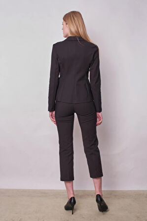 Kadın Yakalı Cep Kapaklı Uzun Kol Hafif Likralı Kumaş Blazer Ceket(Pantolon Jument 40076)-Siyah