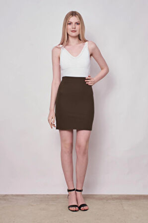 Kadın Hafif Likralı Kumaş Yüksek Bel Hafif Mini Kalem Etek-Haki