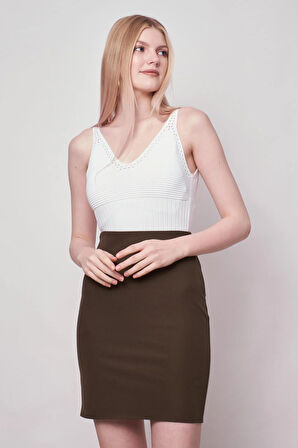 Kadın Hafif Likralı Kumaş Yüksek Bel Hafif Mini Kalem Etek-Haki