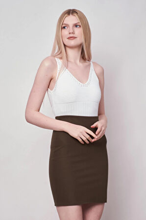 Kadın Hafif Likralı Kumaş Yüksek Bel Hafif Mini Kalem Etek-Haki