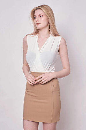 Kadın Yüksek Bel Flato Cep Görüntülü Hafif Likralı Kumaş Kısa Kalem Etek-Camel