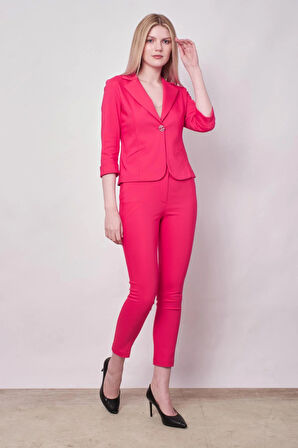 Yüksek Bel Kalın Kemerli Cepli Dar Paça Bilek Boy Pamuklu Likralı Kumaş Pantolon -Fujya 