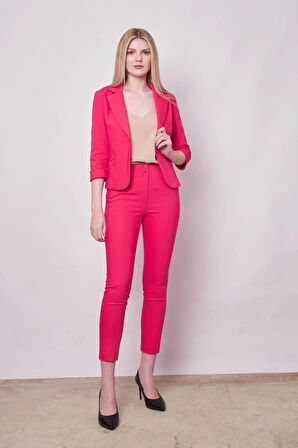 Yüksek Bel Kalın Kemerli Cepli Dar Paça Bilek Boy Pamuklu Likralı Kumaş Pantolon -Fujya 