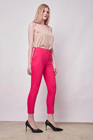 Yüksek Bel Kalın Kemerli Cepli Dar Paça Bilek Boy Pamuklu Likralı Kumaş Pantolon -Fujya 