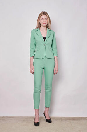 Yüksek Bel Kalın Kemerli Cepli Dar Paça Bilek Boy Pamuklu Likralı Kumaş Pantolon -Mint 