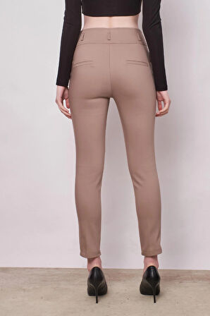 Yüksek Bel Kalın Kemerli Cepli Dar Paça Bilek Boy Pamuklu Likralı Kumaş Pantolon -Vizon 