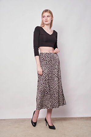 Kadın Desenli Likrasız Saten Kumaş Yüksek Bel Uzun Çan Etek-Leopar