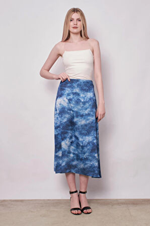 Kadın Desenli Likrasız Saten Kumaş Yüksek Bel Uzun Çan Etek-Mavi Desen