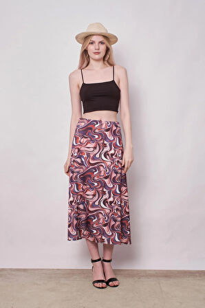 Kadın Desenli Likrasız Saten Kumaş Yüksek Bel Uzun Çan Etek-Mor Desen