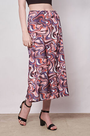 Kadın Desenli Likrasız Saten Kumaş Yüksek Bel Uzun Çan Etek-Mor Desen