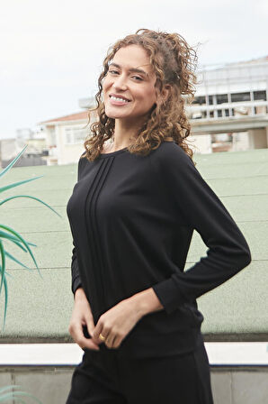 Baharlık Modal Kumaş Kayık Yaka Önü Nervürlü Reglan Kollu Bluz(Pantolon için 49045)-Siyah 