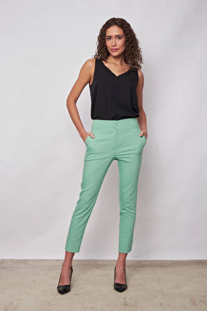 Yüksek Bel Cepli Paçası Yırtmaçlı Bilek Boy Hafif Likralı Kumaş Şık Ofis Pantolon-Mint 