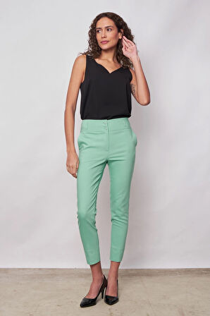 Yüksek Bel Cepli Paçası Yırtmaçlı Bilek Boy Hafif Likralı Kumaş Şık Ofis Pantolon-Mint 