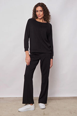 Baharlık Modal Kumaş Yüksek Bel Önü Dikişli Yan Cepli Yürüyüş Pantolonu(Bluz Kodu 20465)-Siyah