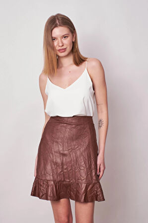 Kadın Kraş Deri Yüksek Bel Eteği Volanlı Astarlı Kalem Etek(boy:50cm +-2cm)-Taba