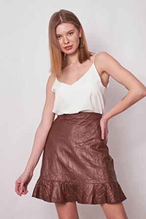 Kadın Kraş Deri Yüksek Bel Eteği Volanlı Astarlı Kalem Etek(boy:50cm +-2cm)-Taba