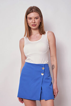 Kadın Yüksek Bel Dokuma Kumaş Midi Boy Şort Etek (boy:38cm +-2cm)-Saks