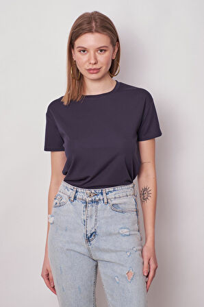 Kadın Sıfır Yaka Kırışmaz Span Karışımlı Şık Kısa Kol Likralı T-shirt Bluz-Lacivert