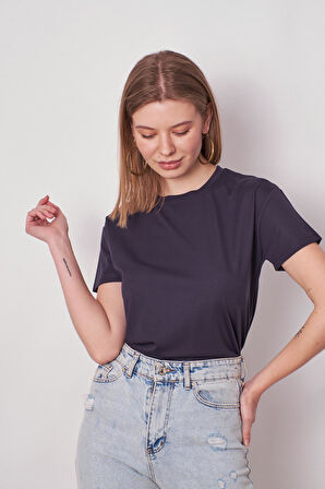Kadın Sıfır Yaka Kırışmaz Span Karışımlı Şık Kısa Kol Likralı T-shirt Bluz-Lacivert
