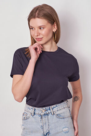 Kadın Sıfır Yaka Kırışmaz Span Karışımlı Şık Kısa Kol Likralı T-shirt Bluz-Lacivert