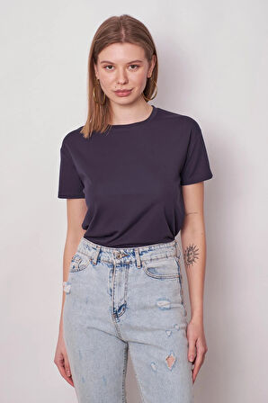 Kadın Sıfır Yaka Kırışmaz Span Karışımlı Şık Kısa Kol Likralı T-shirt Bluz-Lacivert