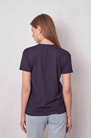 Kadın Sıfır Yaka Kırışmaz Span Karışımlı Şık Kısa Kol Likralı T-shirt Bluz-Lacivert