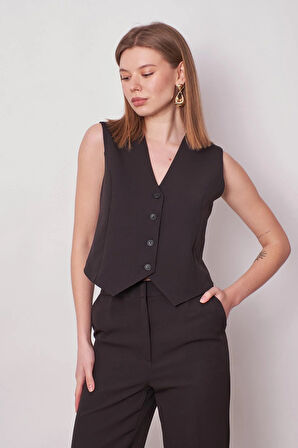 Kadın Önü Düğmeli Hafif Likralı Kumaş Kısa Yelek-Siyah