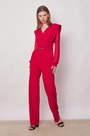 Kadın Şifon Detaylı Kruvaze Anvelop Uzun Kol Beli Bağcıklı Hafifi Likralı Krep Kumaş Tulum-Kırmızı