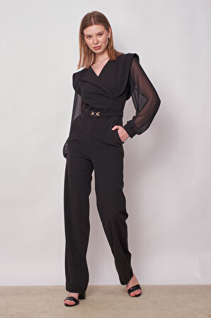 Kadın Şifon Detaylı Kruvaze Anvelop Uzun Kol Beli Bağcıklı Hafifi Likralı Krep Kumaş Tulum-Siyah